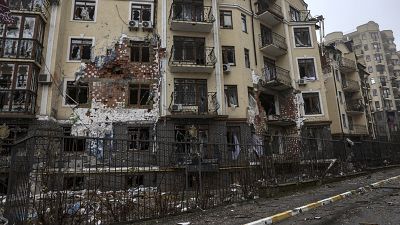 A damaged building in Irpin, near Kyiv, on April 1, 2022, amid Russian invasion of Ukraine.