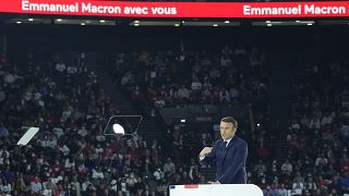French President Emmanuel Macron at a campaign rally, 2 April 2022.