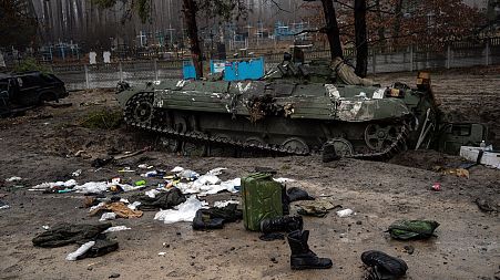 Military gear left by Russian soldiers are seen during a military sweep to search for possible remnants of Russian troops after their withdrawal from villages near Kyiv.