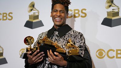 Jon Batiste, winner of the awards for best American roots performance for "Cry," best American roots song for "Cry," best music video for "Freedom," and more