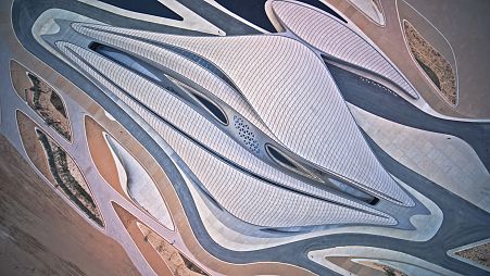 Image shows an aerial shot of the new BEEAH headquarters in the United Arab Emirates designed by Zaha Hadid Architects.
