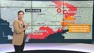 Корреспондент Euronews Саша Вакулина на фоне карты военных действий на Украине, 04/04/2022
