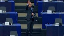 Angel Dzhambazki made the gesture at the European Parliament in Strasbourg on February 16.