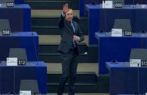Angel Dzhambazki made the gesture at the European Parliament in Strasbourg on February 16.