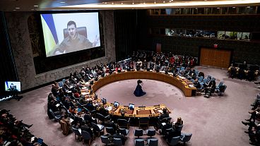 Ukrainian President Volodymyr Zelenskyy speaks via remote feed during a meeting of the UN Security Council, Tuesday, April 5, 2022, at United Nations headquarters.