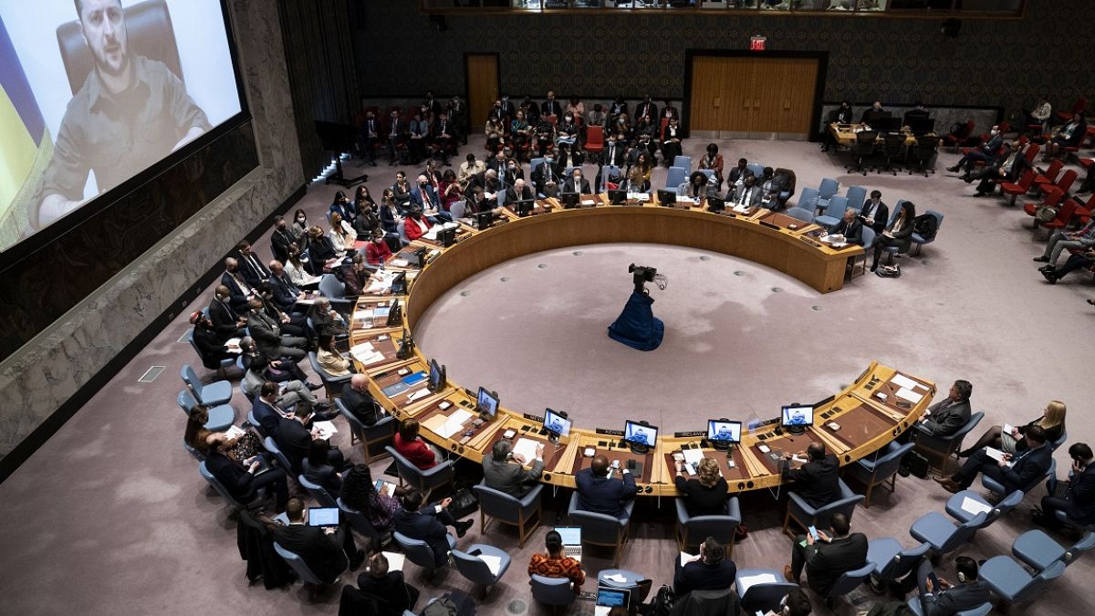 Der ukrainische Präsident Wolodymyr Selenskyj hält eine Rede vor dem Sicherheitsrat der Vereinten Nationen