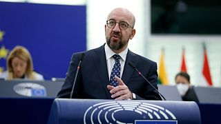 European Council president Charles Michel speaks in the European Parliament in Strasbourg.