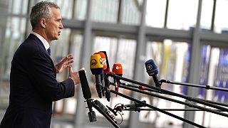 NATO Secretary General Jens Stoltenberg speaks as he arrives for a meeting of NATO foreign ministers at NATO headquarters in Brussels