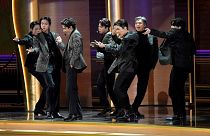 BTS performs "Butter" at the 64th Annual Grammy Awards on Sunday, April 3, 2022, in Las Vegas.