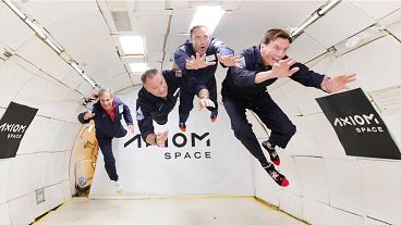 Image shows the Ax-1 crew during a Zero-G flight training (L-R) Eytan Stibbe, Michael Lopez-Alegria,  Mark Pathy and Larry Connor. 