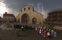 Interactive learning: back in 1160 with the future projection of Notre Dame in the background