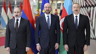 Armenian Prime Minister Nikol Pashinyan(L), European Council President Charles Michel (C), and Azerbaijan's President Ilham Aliyev (R).