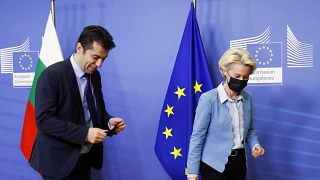 European Commission President Ursula von der Leyen greets Bulgaria's Prime Minister Kiril Petkov prior to an EU meeting in December.