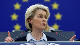European Commission President Ursula von der Leyen delivers a speech during a debate on the conclusions of the European Council meeting of March 24-25 2022