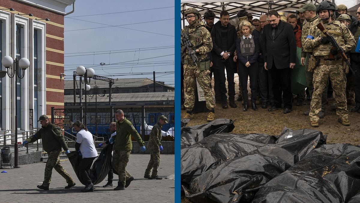 Montage : à gauche : victime de l'attaque de la gare de Kramatorsk, le 8/4/2022  // à droite : Ursula von der Leyen à Boutcha, le 8/04/2022