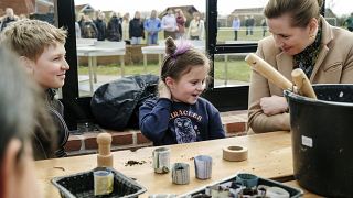 Danish Prime Minister Mette Frederiksen meets Ukrainian refugee children at Paradisbakken school in Nexoe, as she visits the island of Bornholm in Denmark. April 7, 2022