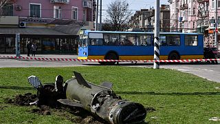 The remains of a rocket is seen on the ground in the aftermath of a rocket attack on the railway station in Kramatorsk, in Ukraine's Donbas region on April 8, 2022.