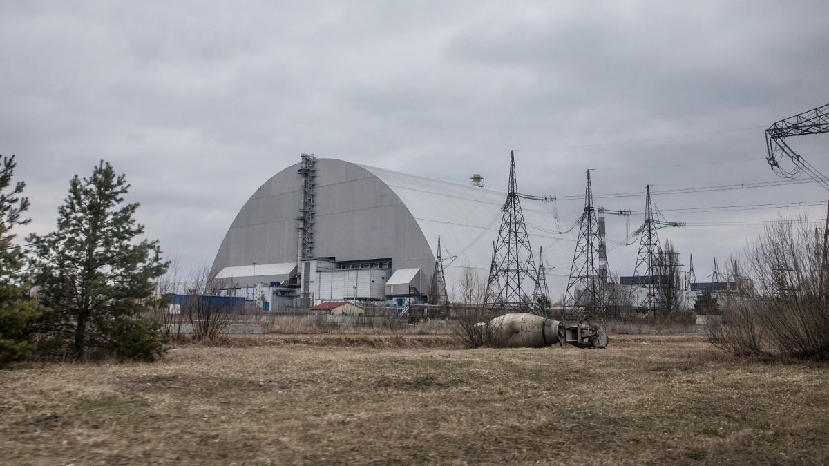 A view of the shelter construction covers the exploded reactor at the Chernobyl nuclear plant, in Chernobyl, Ukraine, Tuesday, April 5, 2022.