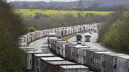 A view of lorries queued in Operation Brock on the M20 near Ashford, England, Thursday, April 7, 2022.