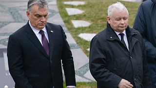 Viktor Orban (L) and Jaroslaw Kaczynski (R) are pictured in Budapest in April 2018.