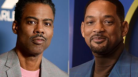 Rock appears at the Television Critics Association Winter press tour in Pasadena in Jan 2020, left, and Will Smith appears at the Oscars in 2022