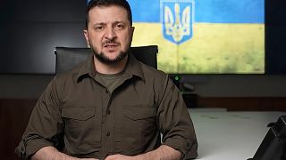 n this image from video provided by the Ukrainian Presidential Press Office, Ukrainian President Volodymyr Zelenskyy speaks from Kyiv, Ukraine, Friday, April 8, 2022
