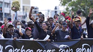 Des Sri-lankais protestent pour exiger la démission du président Gotabaya Rajapaksa, à Colombo, au Sri Lanka, le mardi 5 avril 2022