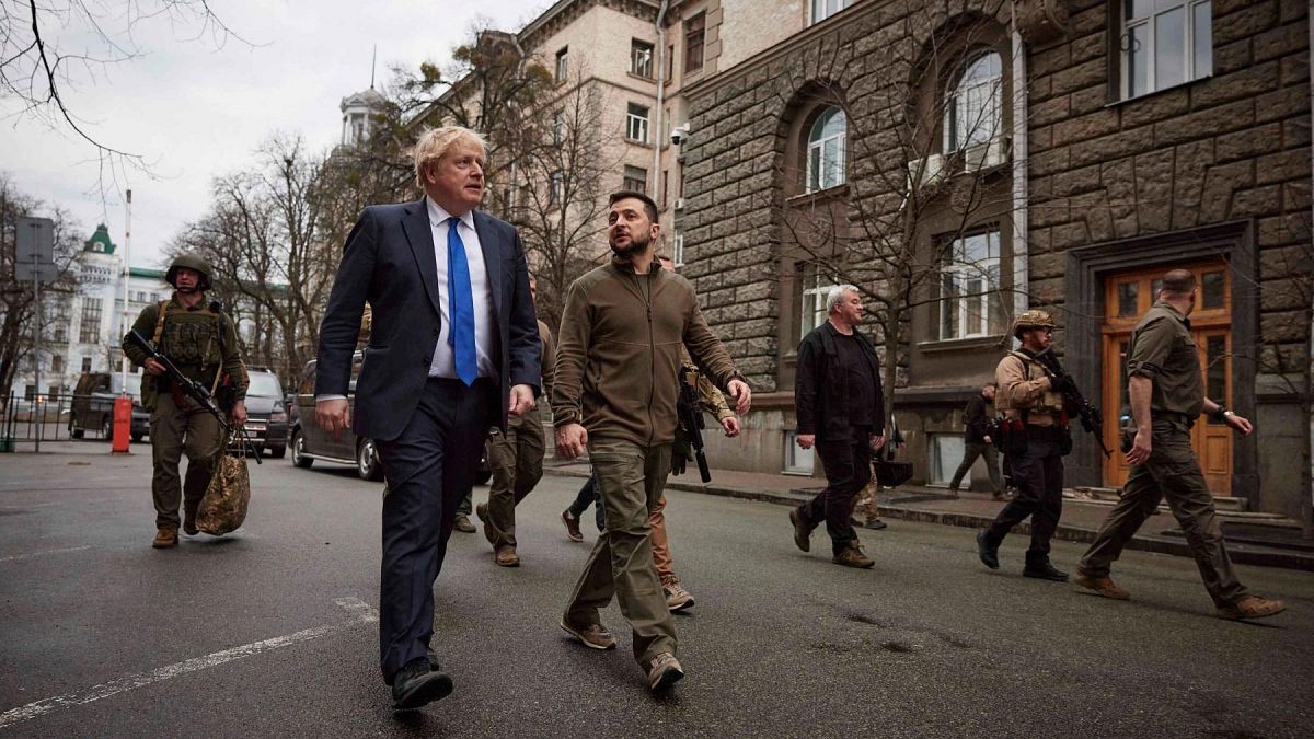 Ukraine's President Volodymyr Zelenskyy and Britain's PM Boris Johnson walk in downtown Kyiv, Ukraine, Saturday, 9 April, 2022