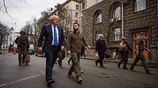 Ukraine's President Volodymyr Zelenskyy and Britain's PM Boris Johnson walk in downtown Kyiv, Ukraine, Saturday, 9 April, 2022