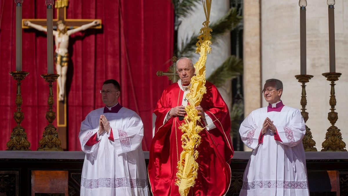 Pope Francis celebrates Palm Sunday Mass in St. Peter's Square at the Vatican, Sunday, 10 April, 2022.