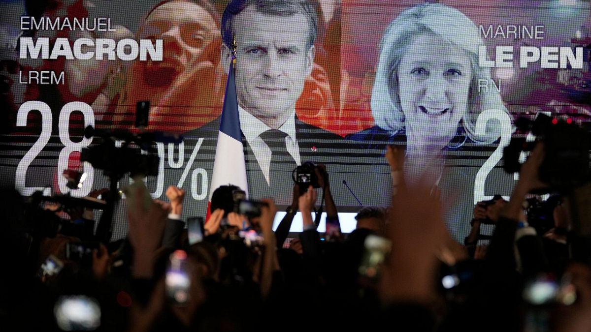 شاشة تظهر نتائج أولية للانتخابات للرئيس الفرنسي إيمانويل ماكرون والمرشحة اليمينية المتطرفة مارين لوبان في باريس، فرنسا.