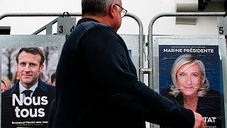 Presidential campaign posters of Emmanuel Macron and Marine Le Pen in Anglet, southwestern France, April 8, 2022. 