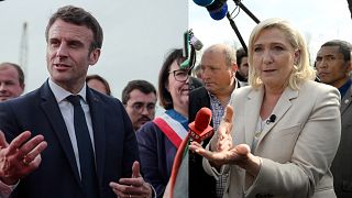 Montage : les candidats qualifiés pour le second tour de la présidentielle sur le terrain le 11/4/2022, Macron à Denain et Le Pen à Soucy
