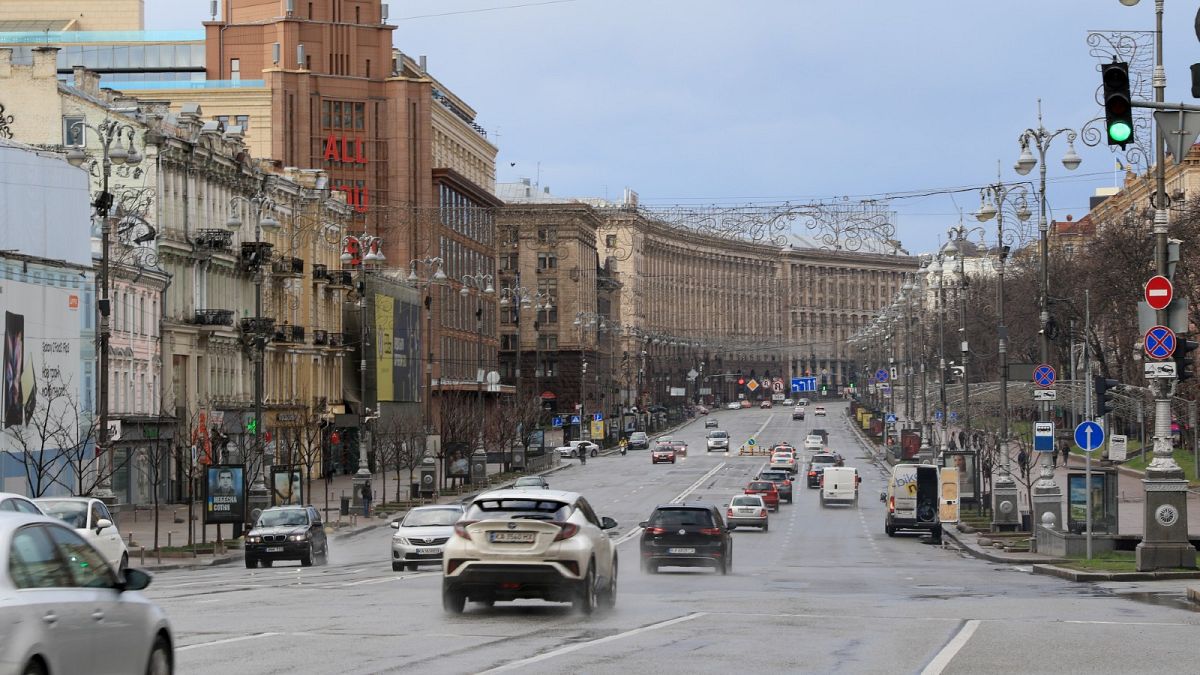 Khreschatyk Street in central Kyiv. Cars have started to return to streets across the city.