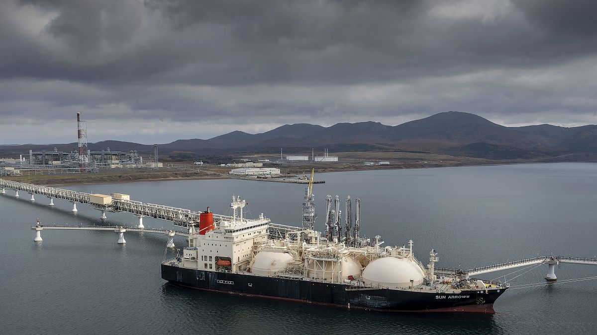 FILE - The tanker Sun Arrows loads its cargo of liquefied natural gas from the Sakhalin-2 project in the port of Prigorodnoye, Russia, on Oct. 29, 2021.