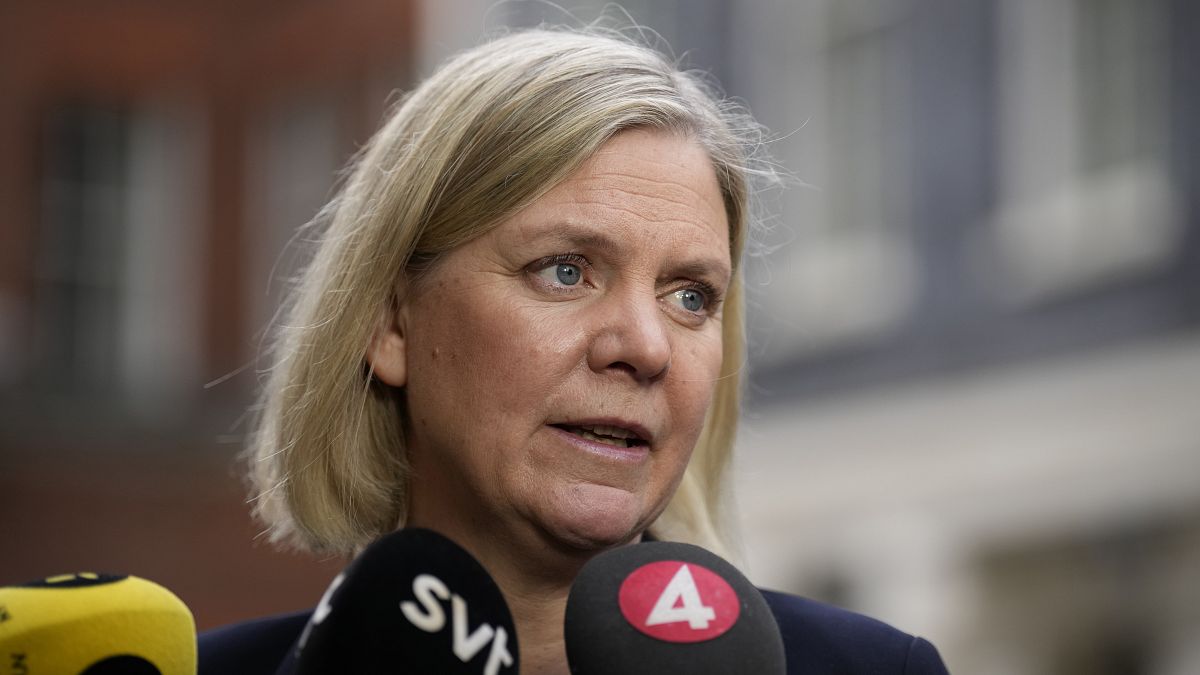 Sweden's Prime Minister Magdalena Andersson speaks to the media in London.