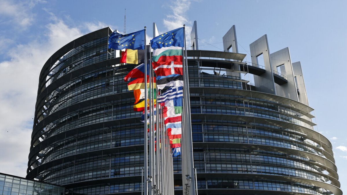 Avrupa Parlamentosu binası ve üye ülkelerin bayrakları