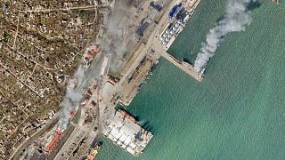 Vue aérienne du port stratégique de Marioupol dans le sud-est de l'Ukraine, pilonné par les forces russes