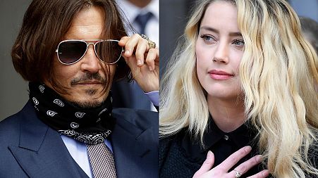 Johnny Depp appears at the High Court in London, on July 17, 2020, left, and Amber Heard appears outside the High Court in London on July 28, 2020.
