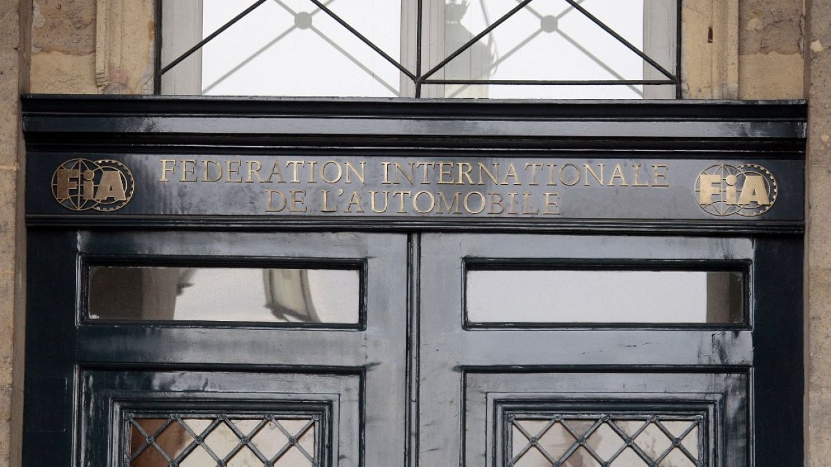 The FIA logo at the entrance of its headquarters in Paris.