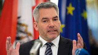 Austria's Chancellor Karl Nehammer speaks during a news conference after his meeting with Russian President Vladimir Putin in Moscow, Russia, Monday, April 11, 2022. 