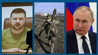 De g. à dr. : Volodymyr Zelensky le 11/04/2022, soldat ukrainien le 12/03/2022, Vladimir Poutine le 12/04/2022