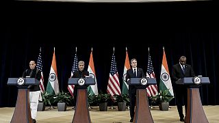 Министр обороны Индии Раджнат Сингх, министр иностранных дел Индии Субраманьям Джайшанкар, госсекретарь США Энтони Блинкен и министр обороны США Ллойд Остин