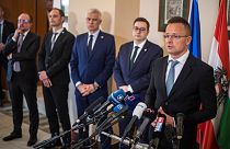 Szijjártó Péter külgazdasági és külügyminiszter a C5-ök találkozója után Prágában 2022. április 12-én