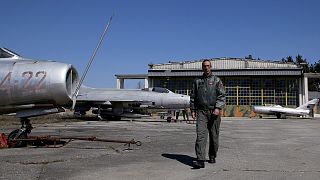 A MiG-19 jet fighter is pictured in Kucova Air Base, which will turn into a NATO air base on March 23, 2022