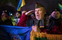 People take part in a protest against Russian invasion of Ukraine, in Vilnius, 24 February 2022