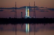 The Space Launch System (SLS) rocket with the Orion spacecraft aboard is seen atop a mobile launcher at NASA's Kennedy Space Center on Monday, April 4, 2022.