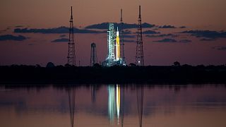 The Space Launch System (SLS) rocket with the Orion spacecraft aboard is seen atop a mobile launcher at NASA's Kennedy Space Center on Monday, April 4, 2022.