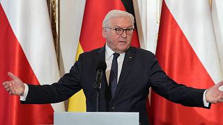 German President Frank-Walter Steinmeier, gestures at a news conference during his meeting with Polish President Andrzej Duda in Warsaw, Poland, Tuesday, April 12, 2022.