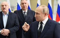 Russian President Vladimir Putin, right, Belarusian President Alexander Lukashenko, left, and Russian Roscosmos head Dmitry Rogozin at the Vostochny cosmodrome.